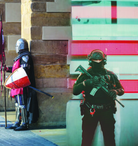 blended knight and police in armor