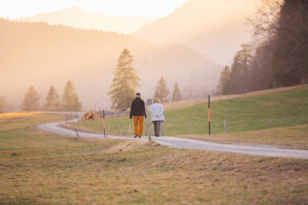 Senior couple walking hand-in-hand down a path